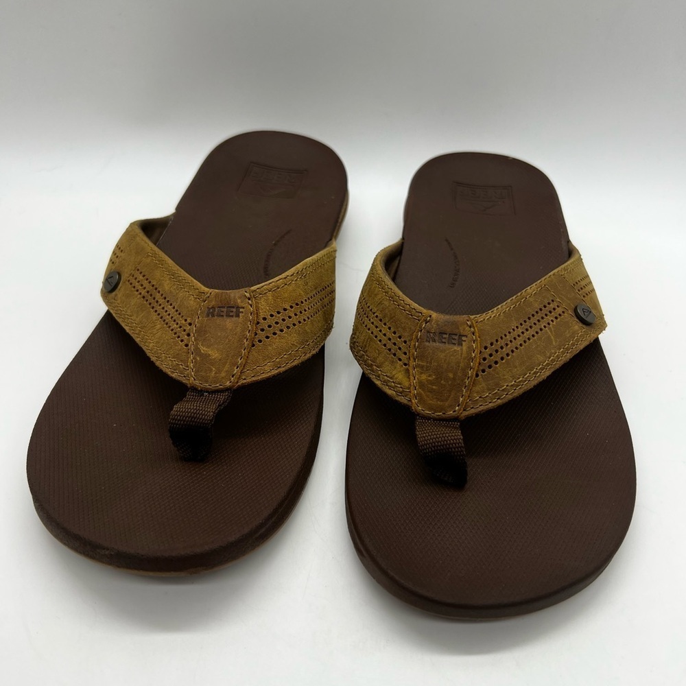 Reef Men’s Tan and Brown Leather Flip-Flops Size 10